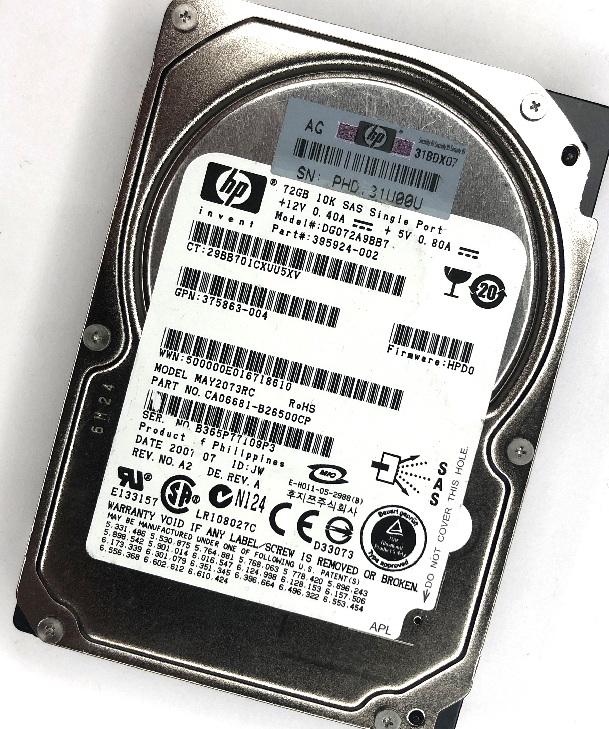 SAS HDD (HP 2.5", 10K, 72 GB, SAS, HP PN: 395924-001, DG072A9BB7, HP, HDD)