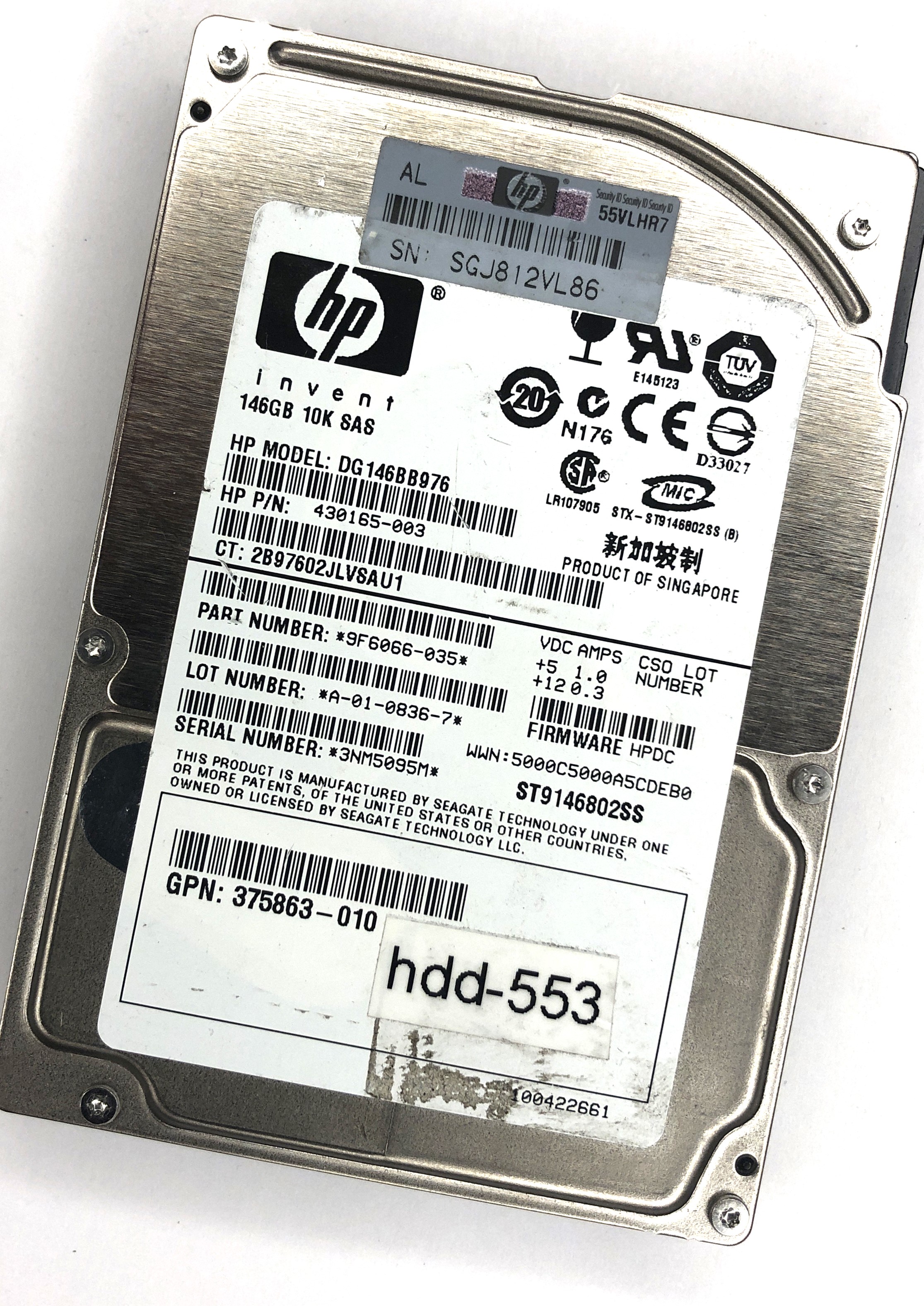 SAS HDD (HP 2.5", 10000 RPM, 146 GB, SAS, HP PN: 430165-003, DG146BB976, HP, HDD)