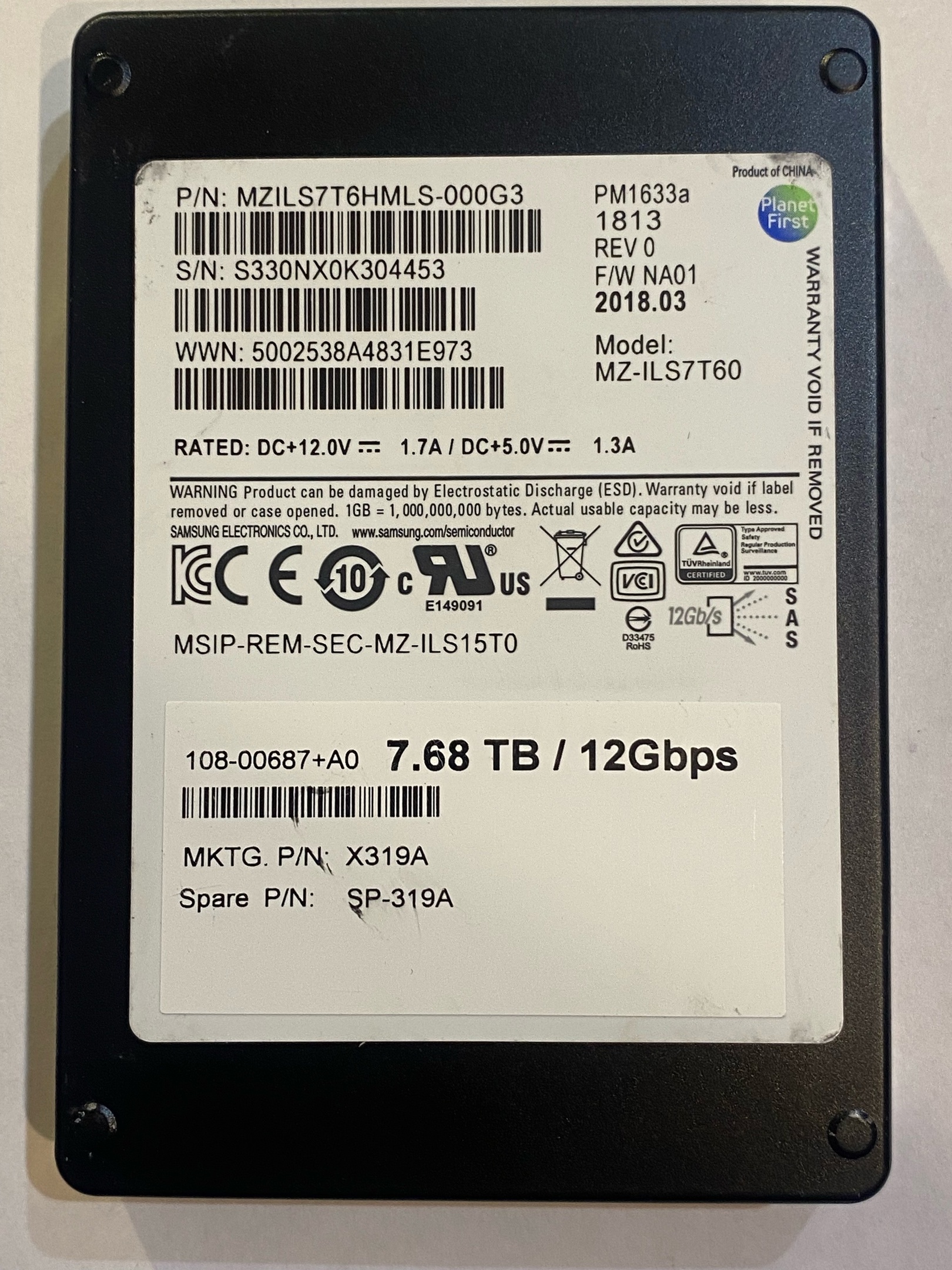 SAS SSD (PM1633A 7,68 ТБ MZILS7T6HMLS-000G3 12 Гб/с SAS 2,5 дюйма MZ-ILS7T60 X319A)