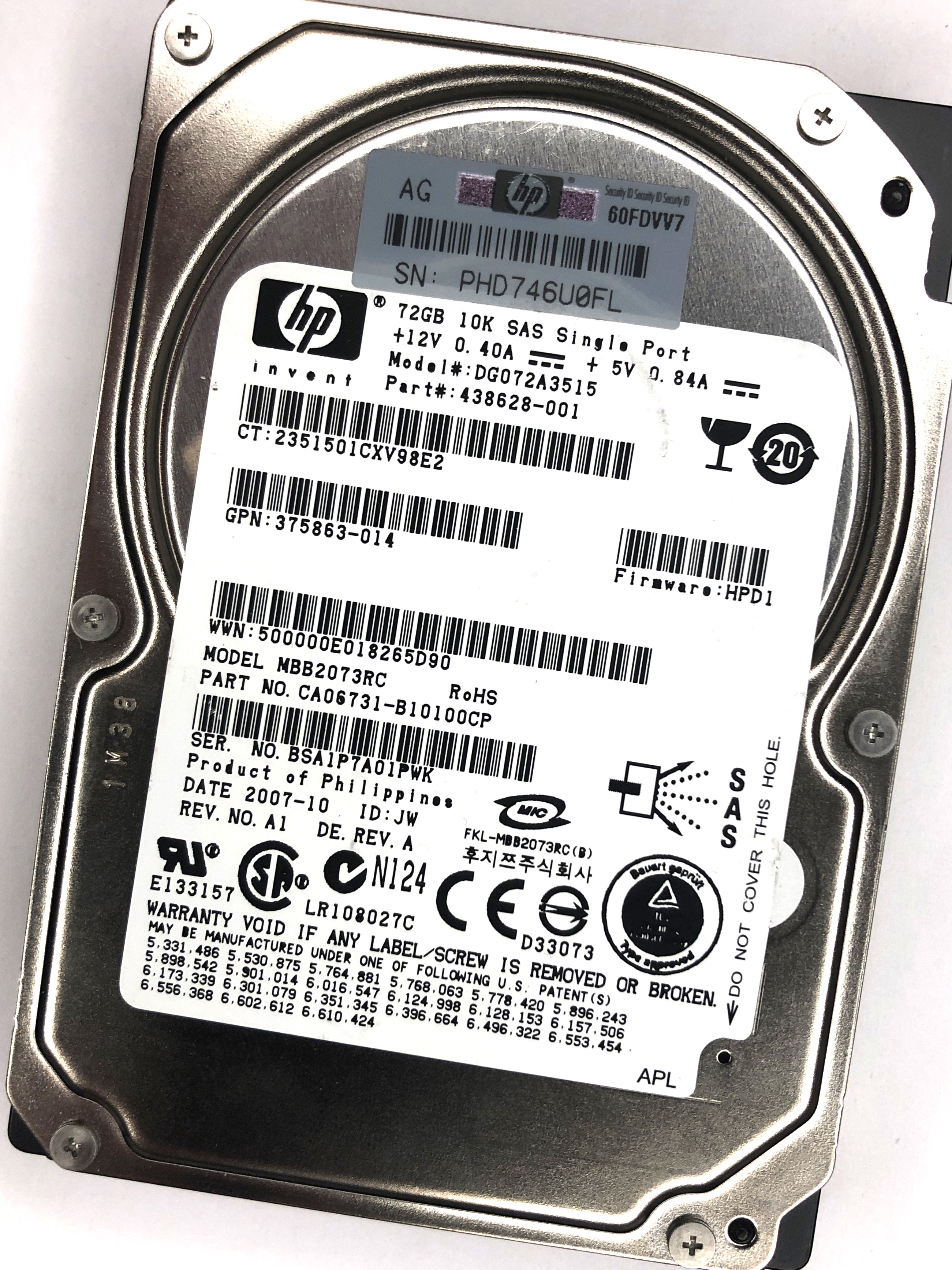 SAS HDD (HP 2.5", 10K, 72 GB, SAS, HP PN: 438628-001, DG072A3515, HP, HDD)