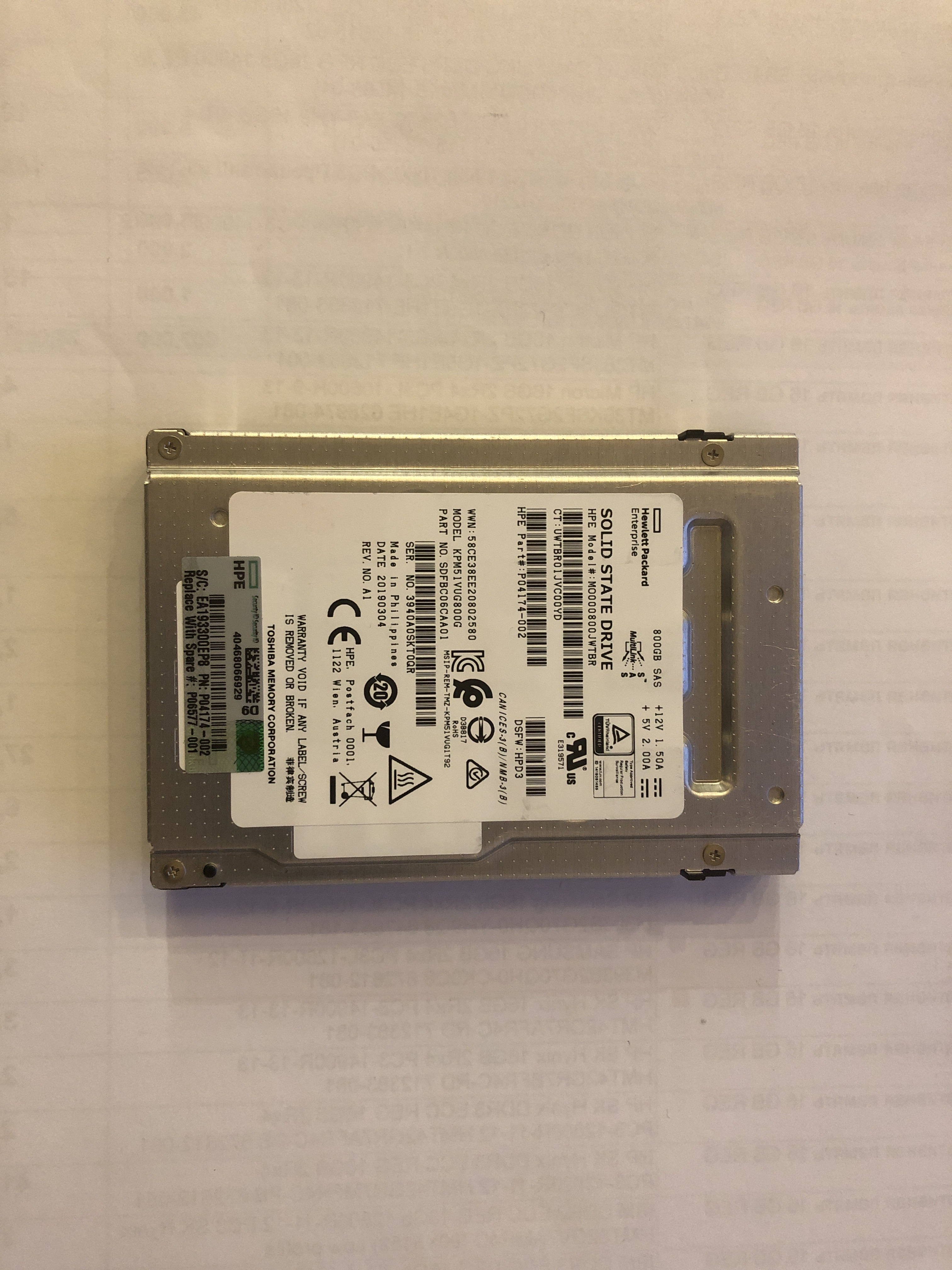 SAS SSD (HP SSD 800Gb SAS MO000800JWTBR (P/N:P014174-002))
